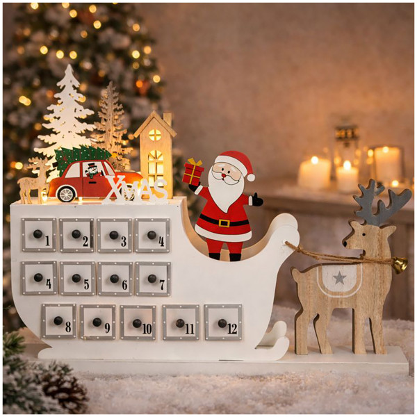 HGD Holz-Glas-Design Weihnachtsmann auf Rentierschlitten Adventskalender