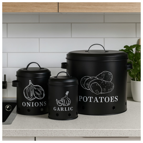 neuetischkultur 3er-Set Landhaus Vorratsdosen für Kartoffeln, Zwiebeln, Knoblauch