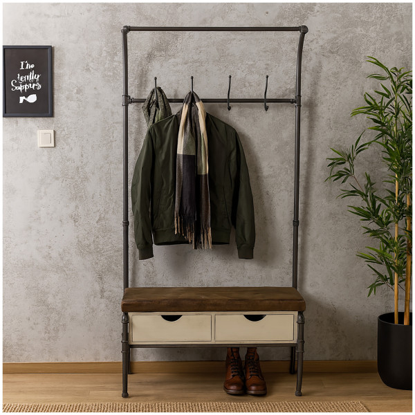 HTI-Line Industrial Look mit Sitzbank und Schubladen Garderobe im Steampunk-Design